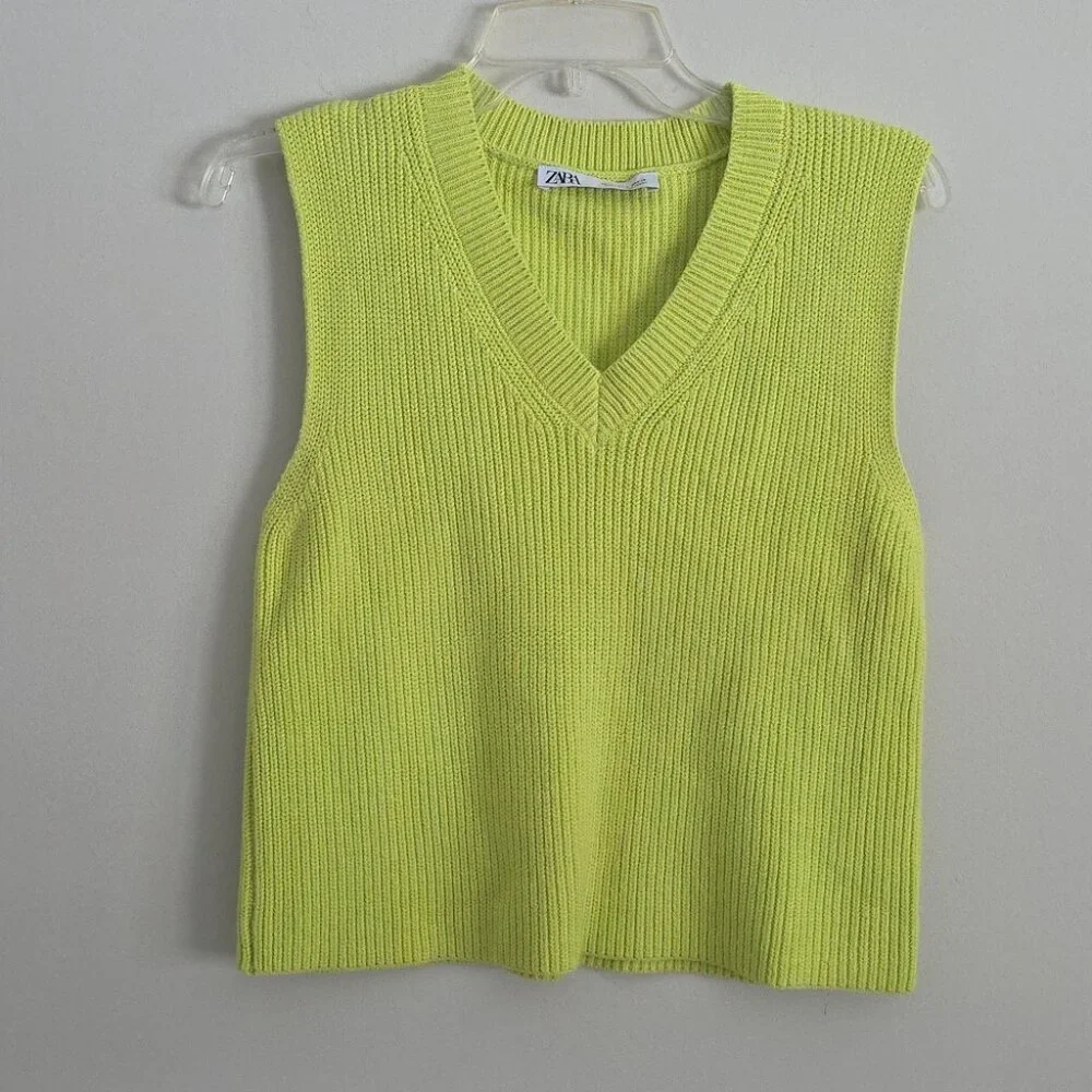 ZARA | V-neck Sweater Vest Ribbed Lime Green Cotton Sz S - Picture 2 of 6
